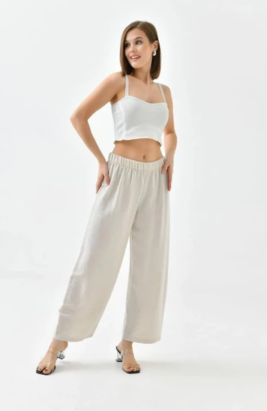 Kadın Keten Beli Lastikli Rahat Bol Paça Pantalon - 11