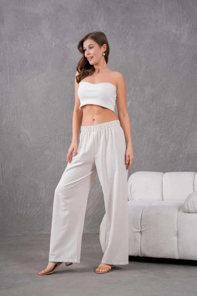 Kadın Keten Beli Lastikli Rahat Bol Paça Pantalon - 5