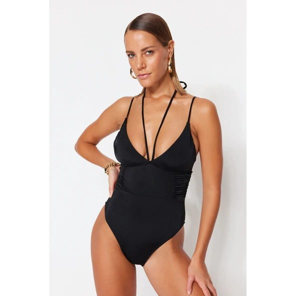 V yaka yanı büzgü detaylı mayo - 2