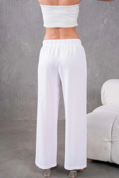 Kadın Keten Beli Lastikli Rahat Bol Paça Pantalon - 8