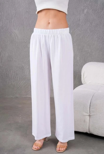 Kadın Keten Beli Lastikli Rahat Bol Paça Pantalon - 6