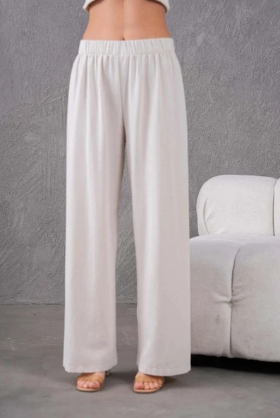 Kadın Keten Beli Lastikli Rahat Bol Paça Pantalon
