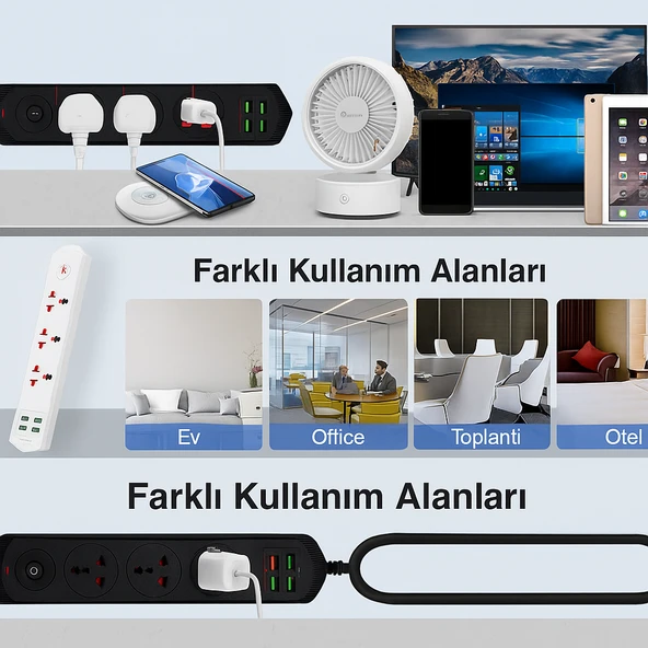 4 FİŞ 4 USB 2 Typ-C Girişli Akım Korumalı Priz  3000W Güç, Maksimum Verim - 2
