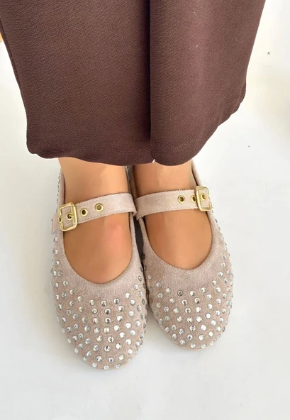 Olise Bej Boncuk İşlemeli Babet Ayakkabı - Resim 2