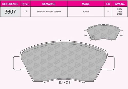 BESER 3607 Ön Balata Civic 96-01 1,6Civic 91-95 1,5-1,6Crx 92-95 ürün görseli 1