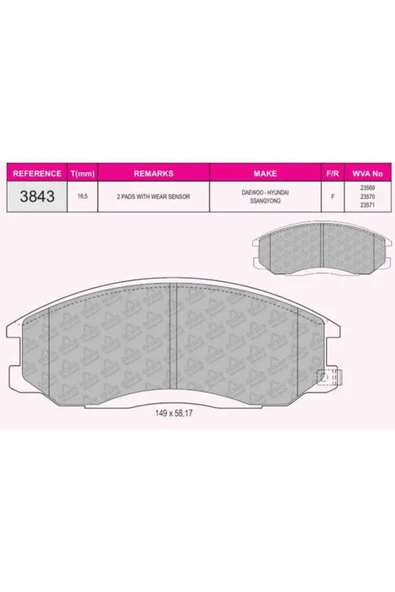 Beser 3843 Fren Balatası Ön Santafe 01- Starex 03-08 / Actyon 05- Kyron 05- ürün görseli 1