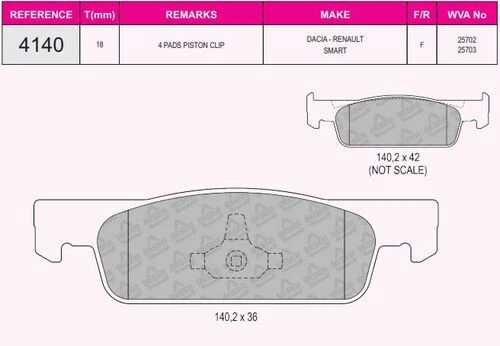 BESER 4140 Fren Balatası Ön CLIO IV 13- CLIO Symbol II 08- III 12- Twingo 14- / Logan II 12- Sandero II 12- / Forfour 14- Fortwo 14- ürün görseli 1