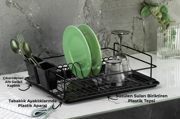 SAS Ömür Boyu Paslanmaz Bulaşıklık Bulaşık Sepeti Tek Katlı Tabaklık Termo Plastik Kaplama Siyah - 2