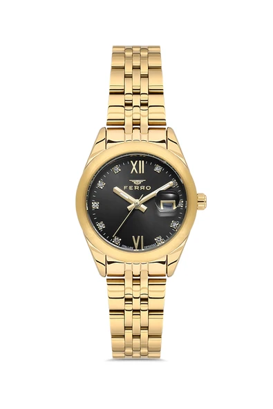 Ferro FL21618AWT-B2 Quartz Çelik Altın Rengi Siyah Kadran 28 mm Kadın Kol Saati