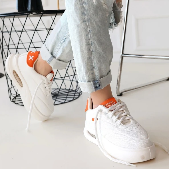 Chris Beyaz Cilt Turuncu Detaylı Bağcıklı Spor Ayakkabı - Resim 3