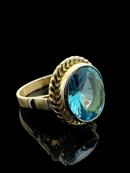 Oval Aquamarine Doğal Taş ve El İşçiliği 14 Ayar Altın Yüzük - 4