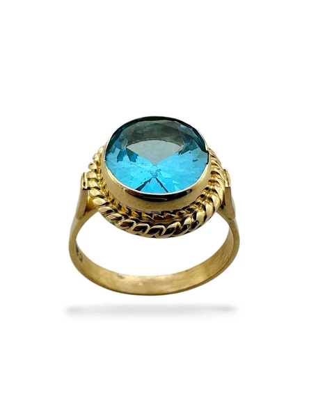 Oval Aquamarine Doğal Taş ve El İşçiliği 14 Ayar Altın Yüzük - 2