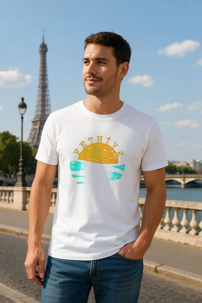 Erkek Bisiklet Yaka %100 Pamuk Fethiye Baskılı Kısa Kollu T-shirt