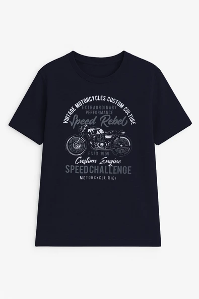 Erkek %100 Pamuk Bisiklet Yaka Motor Baskılı T-shirt - 2