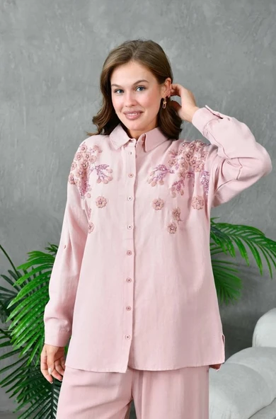 Kadın Nakış İşlemeli Keten Oversize Düğmeli Gömlek - 5