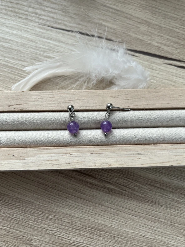 Ametist taşı gümüş renk çelik top küpe