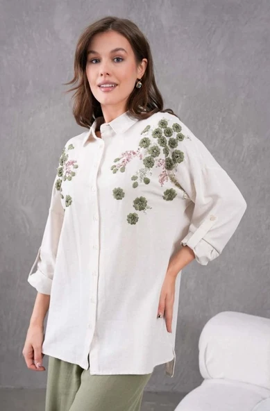 Kadın Nakış İşlemeli Keten Oversize Düğmeli Gömlek - Resim 8