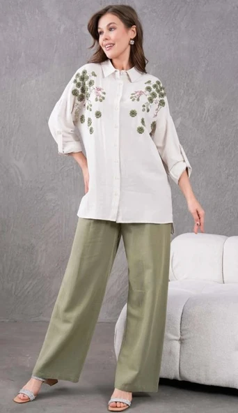 Kadın Nakış İşlemeli Keten Oversize Düğmeli Gömlek - 6