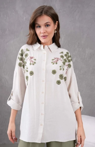 Kadın Nakış İşlemeli Keten Oversize Düğmeli Gömlek - 7