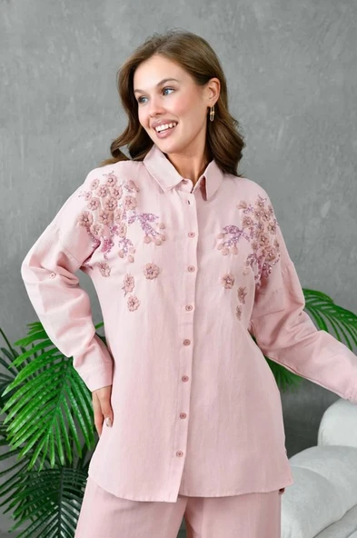 Kadın Nakış İşlemeli Keten Oversize Düğmeli Gömlek - 4