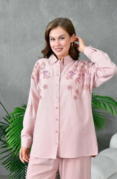 Kadın Nakış İşlemeli Keten Oversize Düğmeli Gömlek