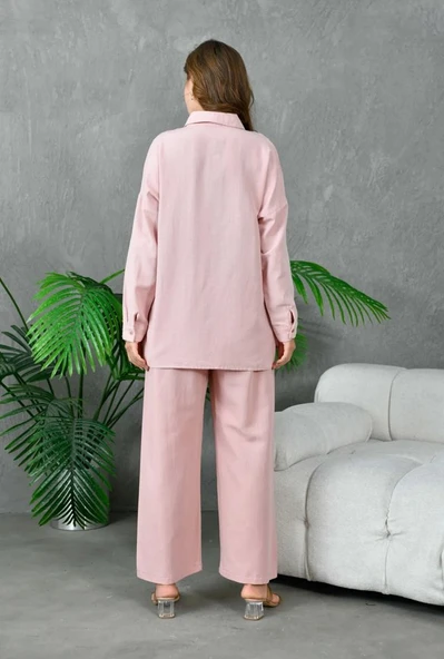 Kadın Nakış İşlemeli Keten Oversize Düğmeli Gömlek - 3