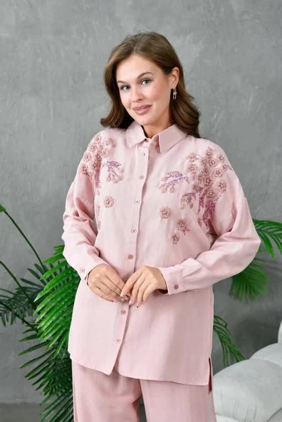 Kadın Nakış İşlemeli Keten Oversize Düğmeli Gömlek - 2