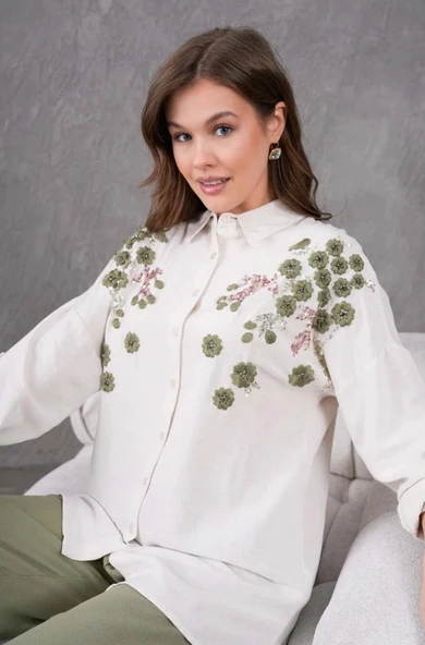 Kadın Nakış İşlemeli Keten Oversize Düğmeli Gömlek - Resim 9