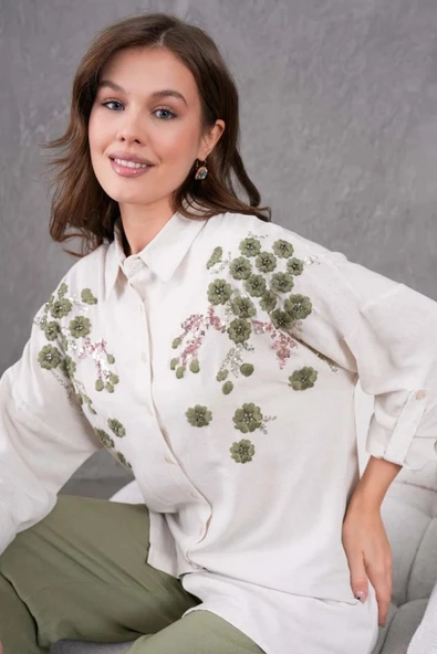 Kadın Nakış İşlemeli Keten Oversize Düğmeli Gömlek - 10