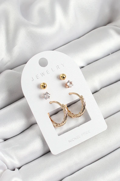 Pirinç Zirkon Taş Ve Halka Figürlü Gold Renk 3'lü Çift Kadın Küpe Set - EBJ250530W34478 ürün görseli