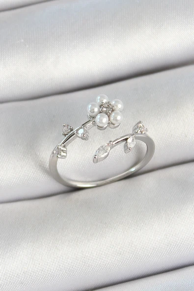 Pirinç İnci Detaylı Papatya Figürlü Zirkon Taşlı Gümüş Renk Ayarlanabilir Kadın Yüzük - EBJ250530W34370 ürün görseli