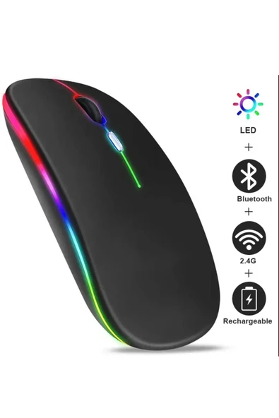 Plentiful Rgb Işıklı Şarjlı Kablosuz 2.4G+Bluetooth Mouse Sessiz Siyah