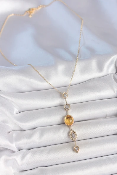 Pirinç Zincir Kehribar Sarı Gold Renk  Zirkon Taşlı Y Kolye - EBJ250530W34275 - Resim 2