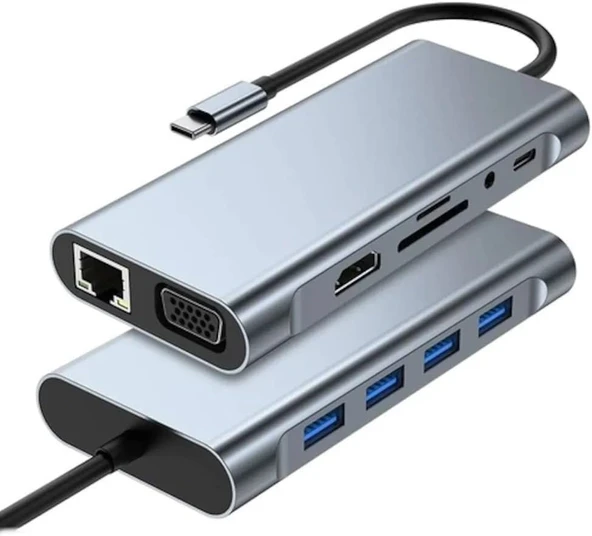 Plentiful TYPE-C Hub 11in1 USB C Docking Station 4K HDMI,VGA,Type C PD,USB3.0,RJ45 Ethernet,SD/TF AUX Macbook Pc Uyumlu Adaptör Çoklayıcı Çevirici Dönüştürücü - 3