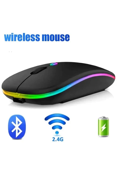 Plentiful Rgb Işıklı Şarjlı Kablosuz 2.4G+Bluetooth Mouse Sessiz Siyah - 2