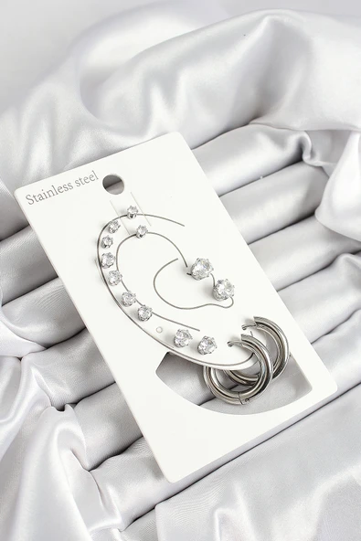 Halka Figürlü Ve Zirkon Taşlı Gümüş Renk 7'li Çift Kadın Küpe Set - EBJ250530W34463 ürün görseli