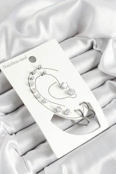 Kalp Figürlü Ve Zirkon Taşlı Gümüş Renk 7'li Çift Kadın Küpe Set - EBJ250530W34465 ürün görseli