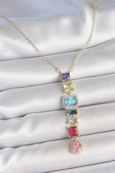 Gold Karışık Renk Zirkon Taşlı Y Pirinç Kolye - EBJ250530W34270 ürün görseli