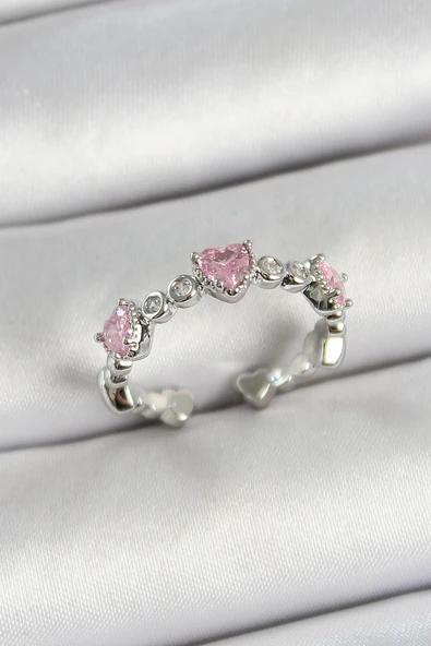 Pirinç Sıralı Kalp Figürlü Zirkon Taşlı Gümüş Renk Ayarlanabilir Kadın Yüzük - EBJ250530W34356 ürün görseli