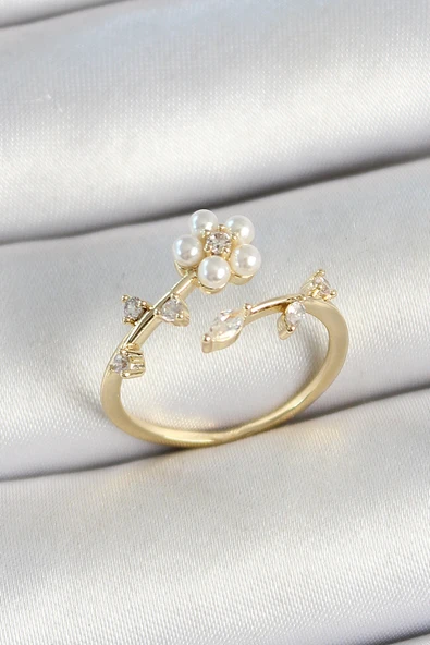 Pirinç İnci Detaylı Papatya Figürlü Zirkon Taşlı Gold Renk Ayarlanabilir Kadın Yüzük - EBJ250530W34369 ürün görseli