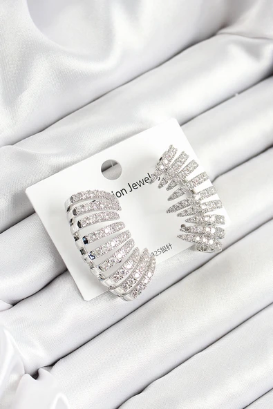 Pirinç Zirkon Taşlı Çoklu Görünümlü Model Gümüş Renk Kadın Küpe - EBJ250530W34457 ürün görseli