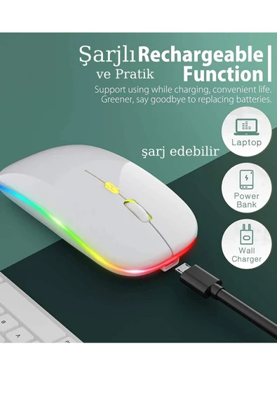 Plentiful Rgb Işıklı Şarjlı Kablosuz 2.4G+Bluetooth Mouse Sessiz Beyaz - Resim 2