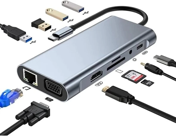 Plentiful TYPE-C Hub 11in1 USB C Docking Station 4K HDMI,VGA,Type C PD,USB3.0,RJ45 Ethernet,SD/TF AUX Macbook Pc Uyumlu Adaptör Çoklayıcı Çevirici Dönüştürücü