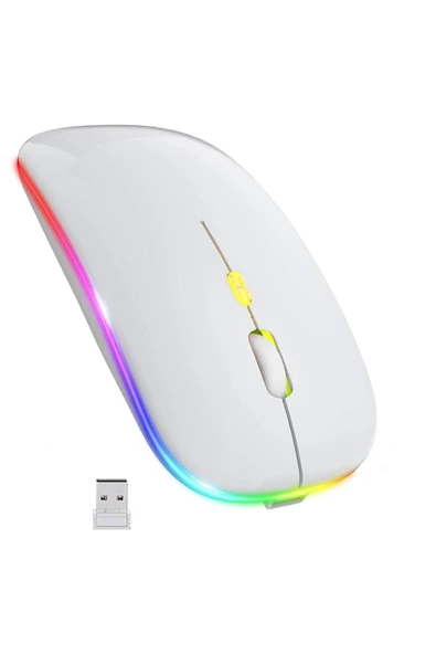 Plentiful Rgb Işıklı Şarjlı Kablosuz 2.4G+Bluetooth Mouse Sessiz Beyaz