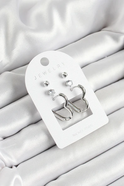 Pirinç Zirkon Taş Ve Kalp Figürlü Gümüş Renk 3'lü Çift Kadın Küpe Set - EBJ250530W34470 ürün görseli