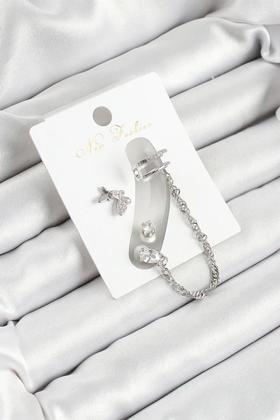 Pirinç Kelebek Figürlü Zirkon Taşlı Gümüş Renk 3'lü Kıkırdak Kadın Küpe Set - EBJ250530W34485 ürün görseli