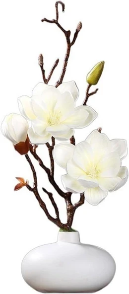 Nettenevime Yapay Çiçek Krem Eva Manolya 2 Çiçek 1 Tomurcuk Uzun Dal Çiçek Flowers 55cm Gerçeksi Doku - Resim 6