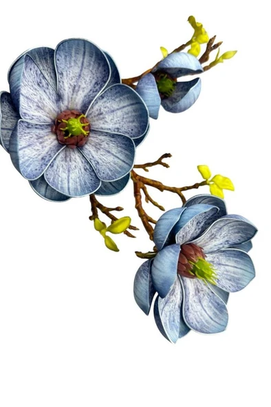 Yapay Çiçek Eva Mavi Manolya 2 Çiçek 1 Tomurcuk Uzun Dal Çiçek Flowers 55cm Gerçeksi Doku - 6