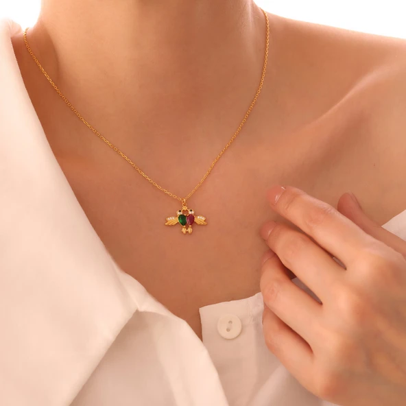 Vaoov 925 Ayar Renkli Taşlı Çifte Kumrular Kolye - Resim 2