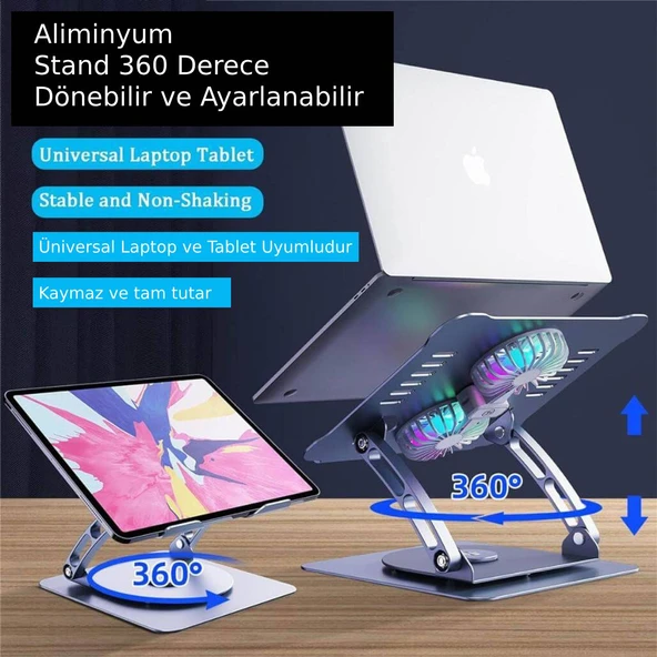 Plentiful Notebook ve Laptop Stand 360 Derece Dönebilen Alüminyum Katlanır Stand Gümüş - 5